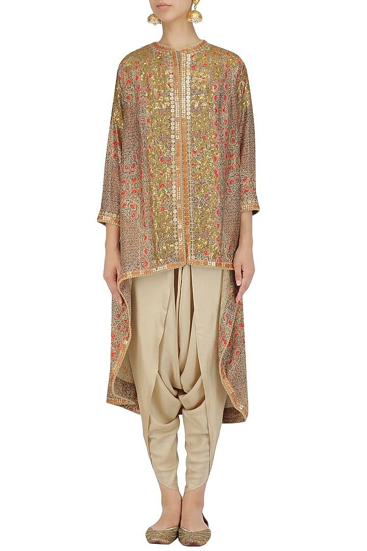 Pale grey sequinned trail jacket and dhoti pants set available only at Pernia's Pop Up Shop.