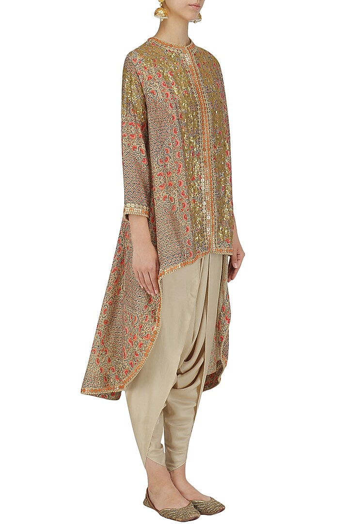 Pale grey sequinned trail jacket and dhoti pants set available only at Pernia's Pop Up Shop.