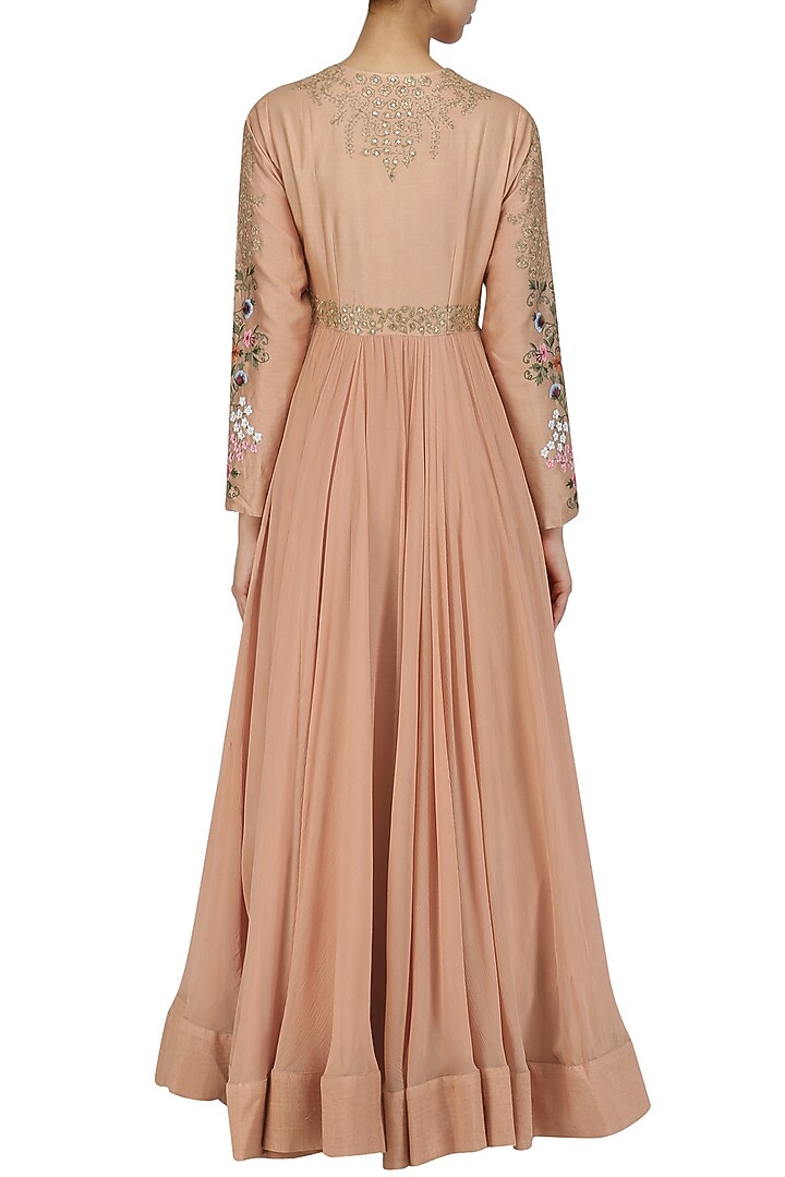 Peach floral and sequins embroidered kalidaar kurta set available only at Pernia's Pop Up Shop.