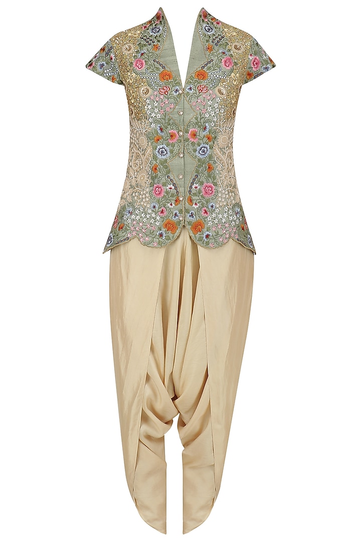 Pista Green Floral Embroidered Jacket and Dhoti Pants Set by Debyani