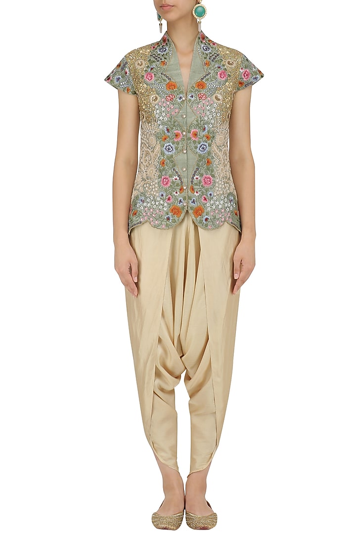 Pista green floral embroidered jacket and dhoti pants set available only at Pernia's Pop Up Shop.