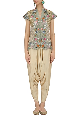 Pista Green Floral Embroidered Jacket and Dhoti Pants Set by Debyani