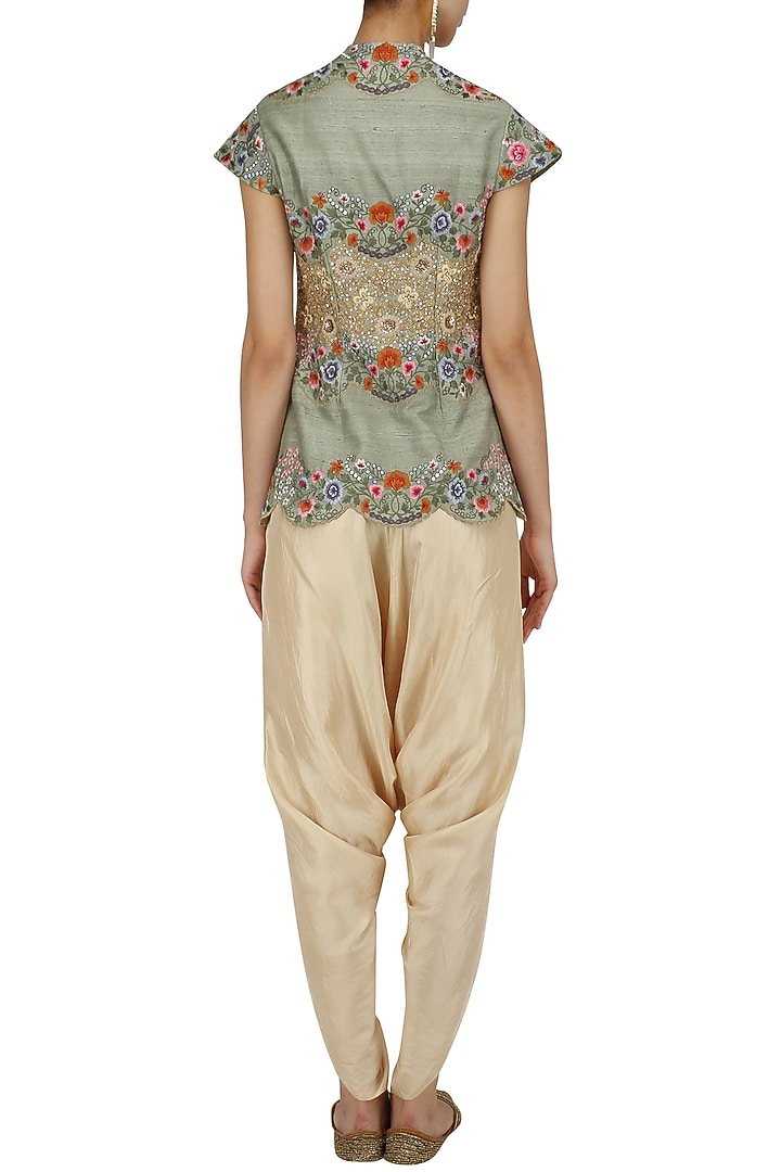 Pista green floral embroidered jacket and dhoti pants set available only at Pernia's Pop Up Shop.