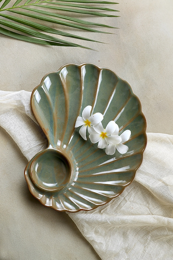 Olive Green Ceramic Shell Platter by Ddevcraft