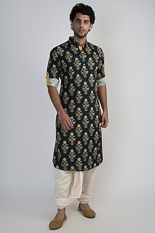 Olive Green Digital Printed Kurta by Devanshi Didwania