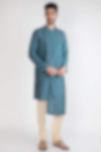Teal Blue Asymmetric Kurta With Pants by Devanshi Didwania