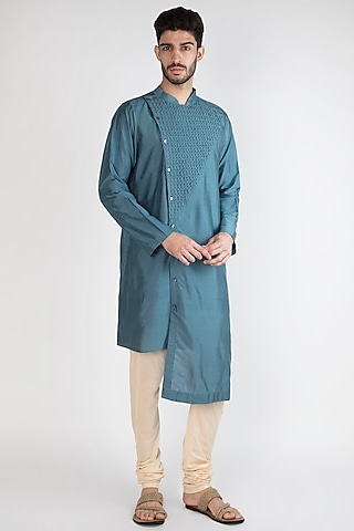 Teal Blue Asymmetric Kurta With Pants by Devanshi Didwania