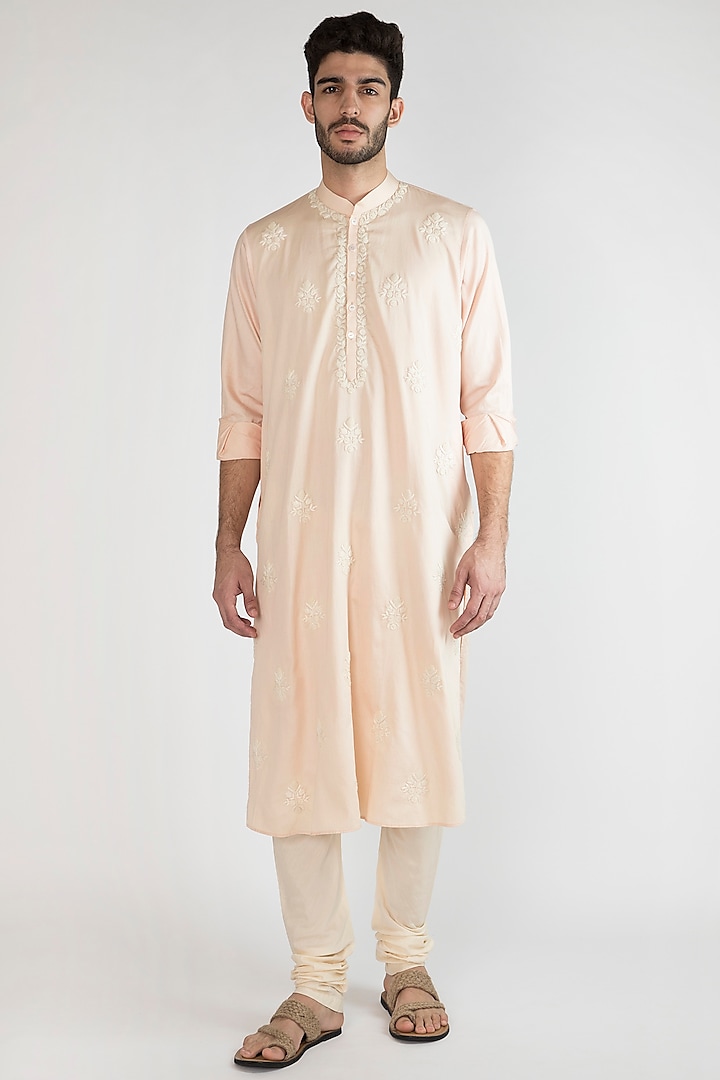 Light Pink Embroidered Kurta With Off White Pants by Devanshi Didwania