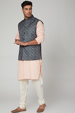 Blue Printed Nehru Jacket by Devanshi Didwania