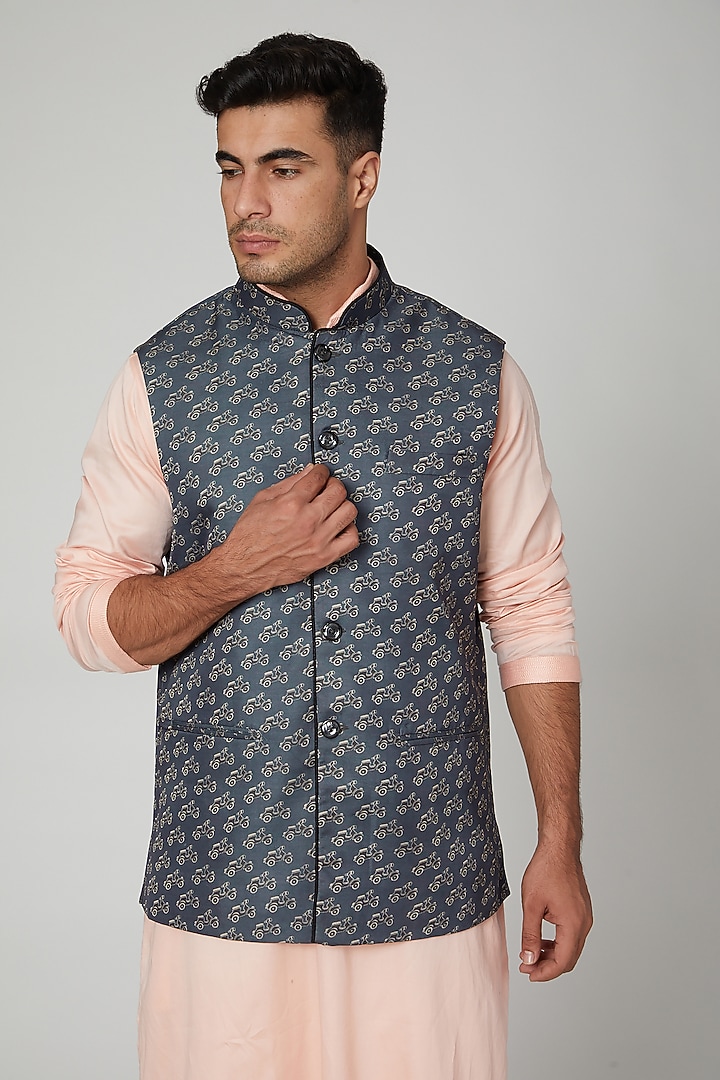 Blue Printed Nehru Jacket by Devanshi Didwania at Pernia's Pop Up Shop