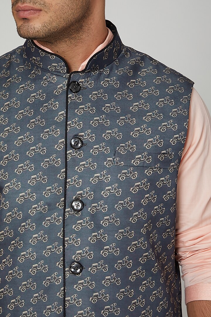 Blue Printed Nehru Jacket by Devanshi Didwania at Pernia's Pop Up Shop
