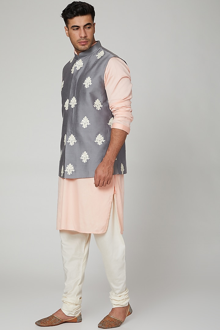 Grey Hand Embroidered Jacket by Devanshi Didwania