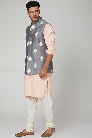 Grey Hand Embroidered Jacket by Devanshi Didwania