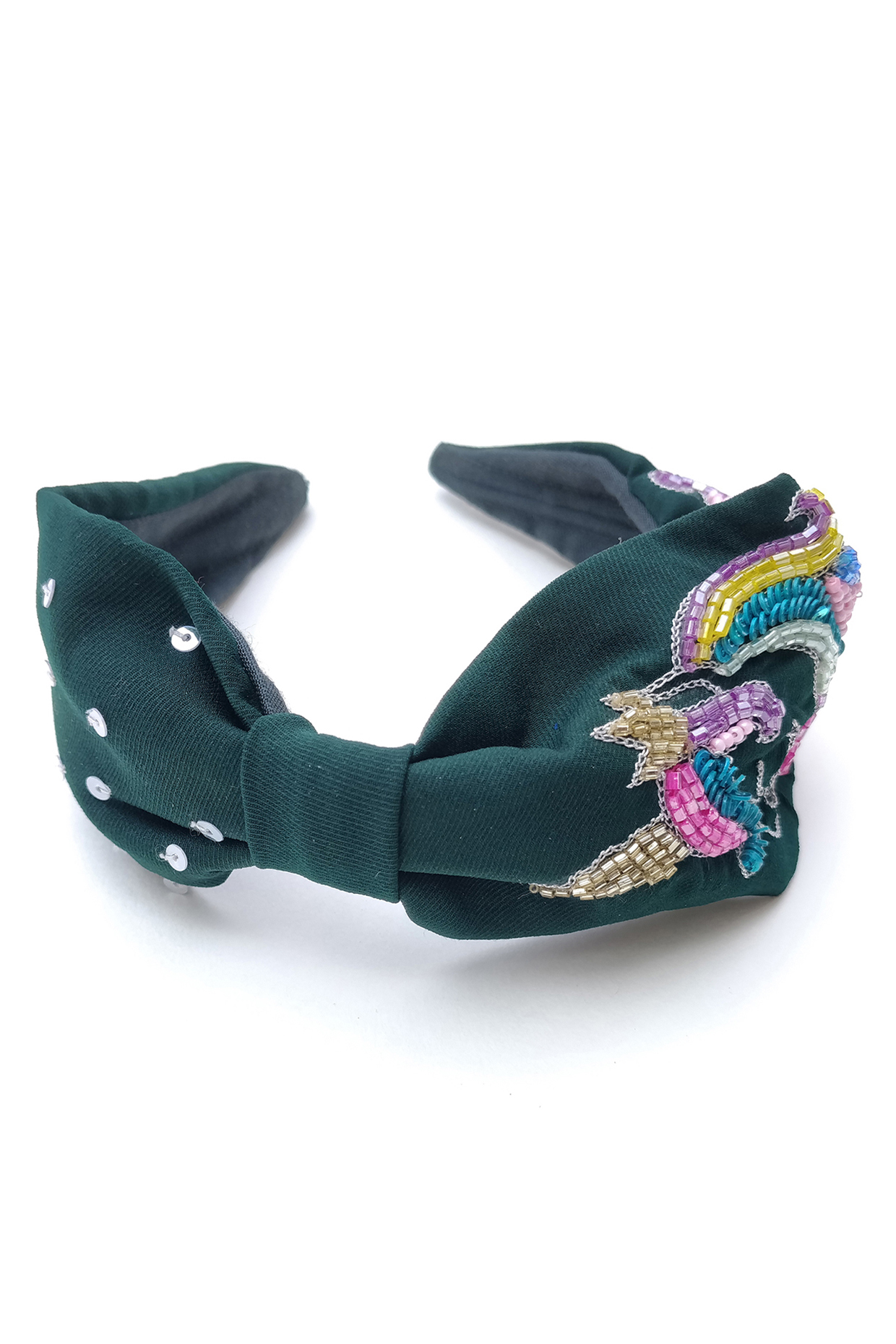 Dark Green Korean Fabric Cutdana Embellished Unicorn Hairband by Diya Aswani at Pernia's Pop Up Shop