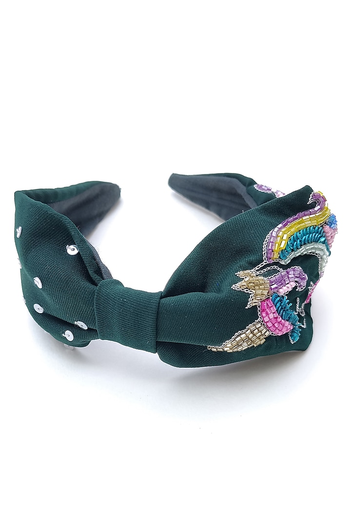 Dark Green Korean Fabric Cutdana Embellished Unicorn Hairband by Diya Aswani at Pernia's Pop Up Shop