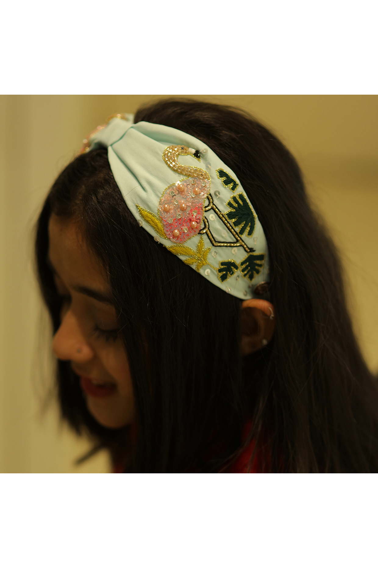 Green Korean Fabric Cutdana Embellished Flamingo Hairband by Diya Aswani at Pernia's Pop Up Shop