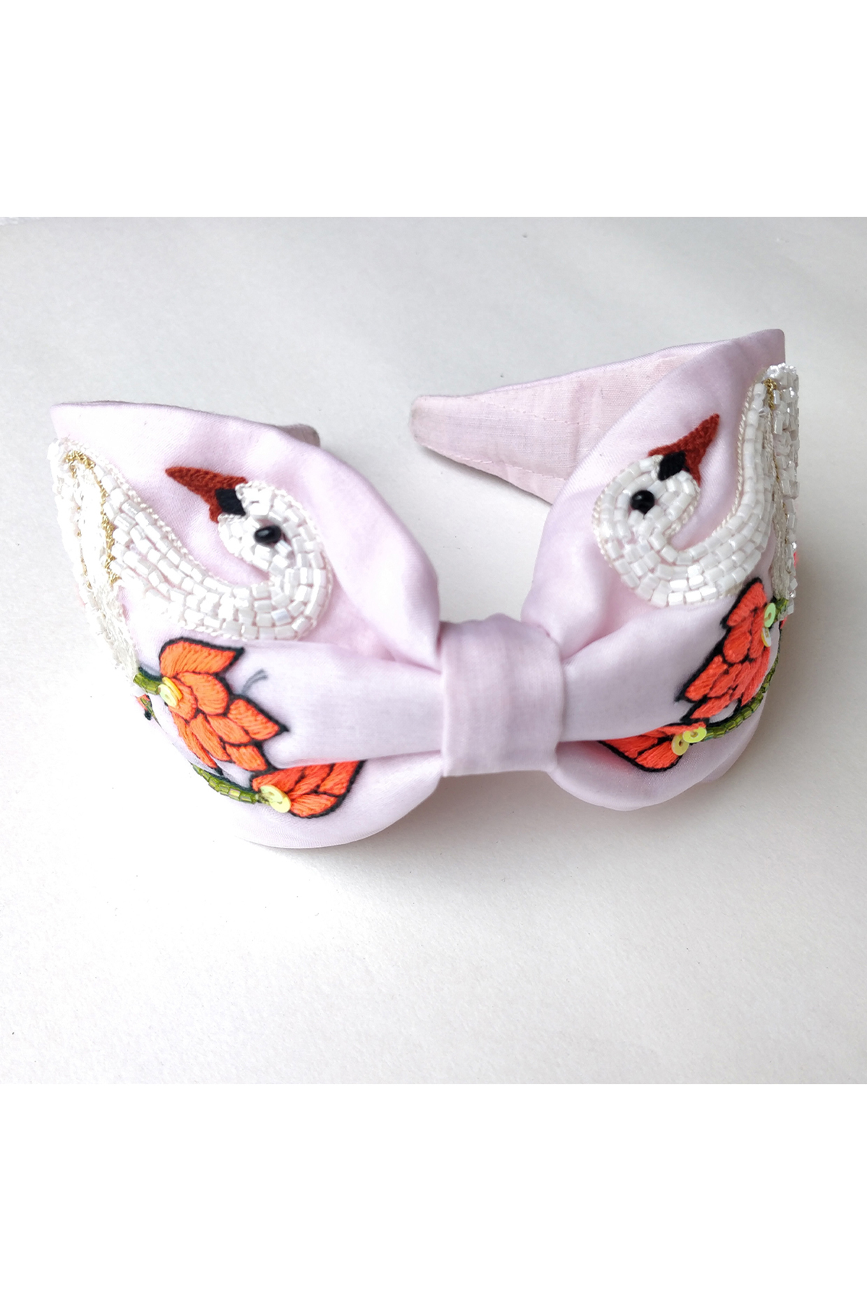 Pink Organza Cutdana Embellished Swan Hairband by Diya Aswani at Pernia's Pop Up Shop
