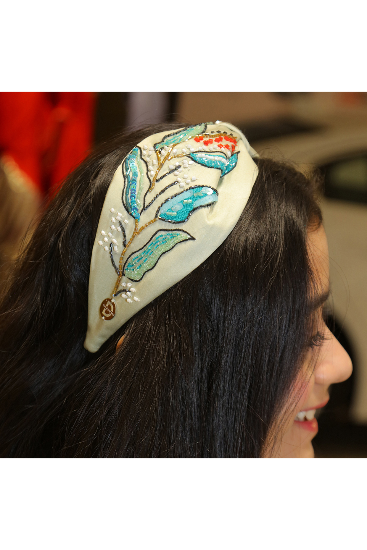 Light Green Korean Fabric Cutdana Embellished Leaf Hairband by Diya Aswani at Pernia's Pop Up Shop