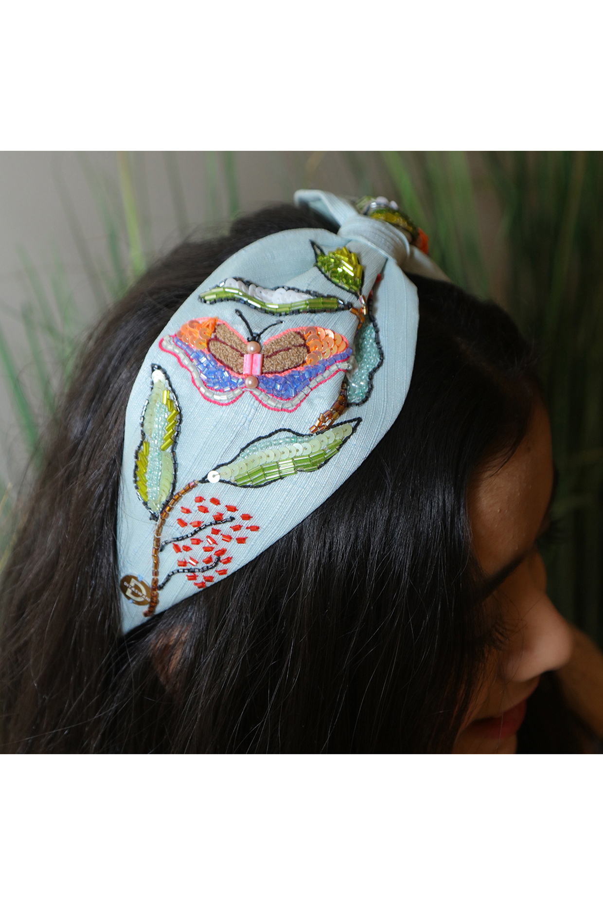 Blue Korean Fabric Cutdana Embellished Hairband by Diya Aswani at Pernia's Pop Up Shop