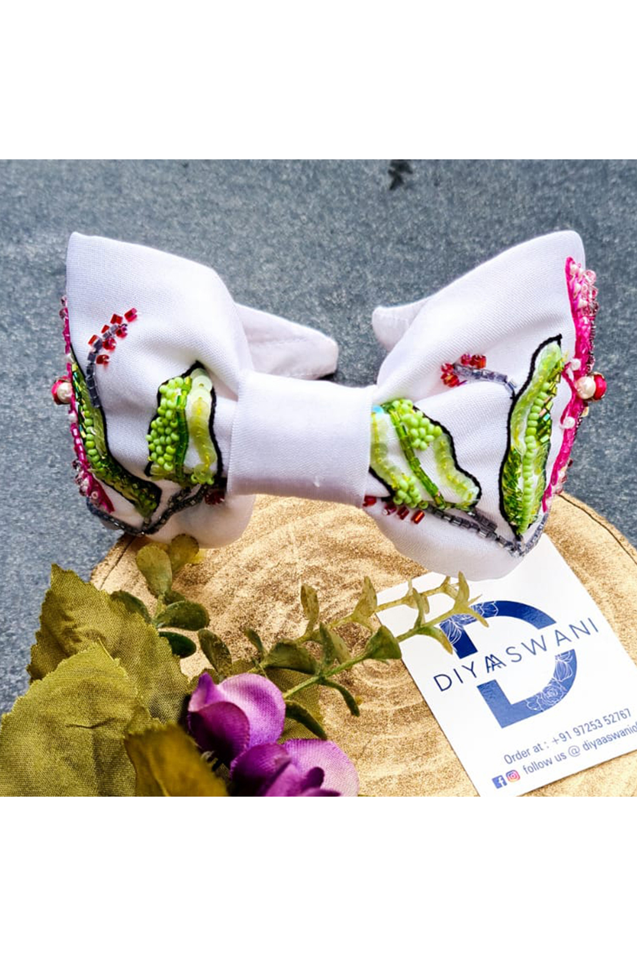 Off-White Korean Fabric Sequins & Cutdana Embellished Hairband by Diya Aswani at Pernia's Pop Up Shop