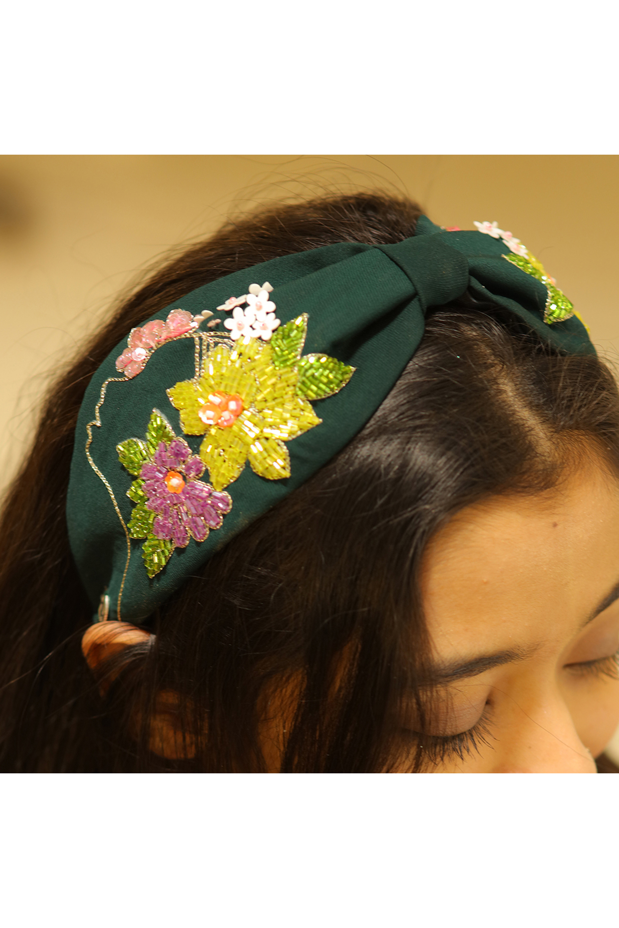 Green Korean Fabric Sequins & Cutdana Embellished Floral Hairband by Diya Aswani at Pernia's Pop Up Shop