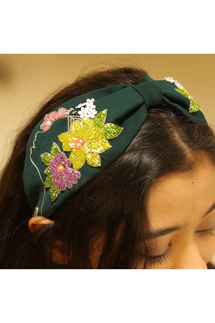 Green Korean Fabric Sequins & Cutdana Embellished Floral Hairband by Diya Aswani at Pernia's Pop Up Shop