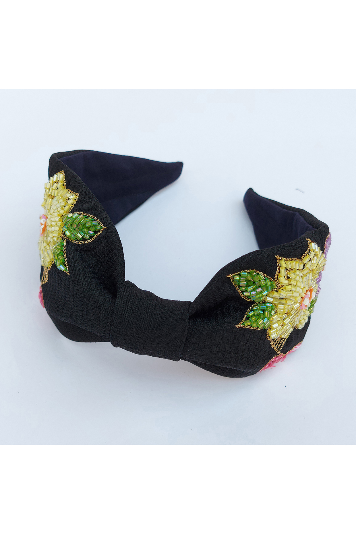 Black Korean Fabric Sequins & Cutdana Embellished Floral Hairband by Diya Aswani at Pernia's Pop Up Shop