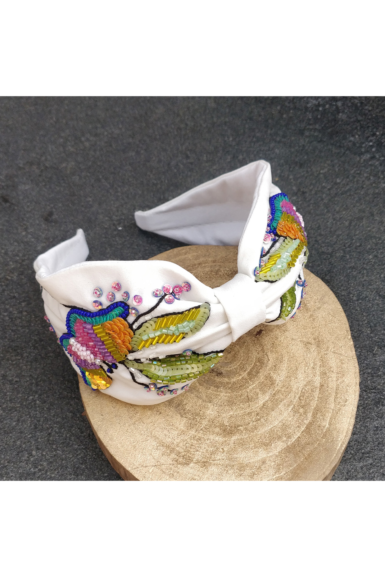 White Korean Fabric Sequins & Cutdana Embellished Butterfly Hairband by Diya Aswani at Pernia's Pop Up Shop