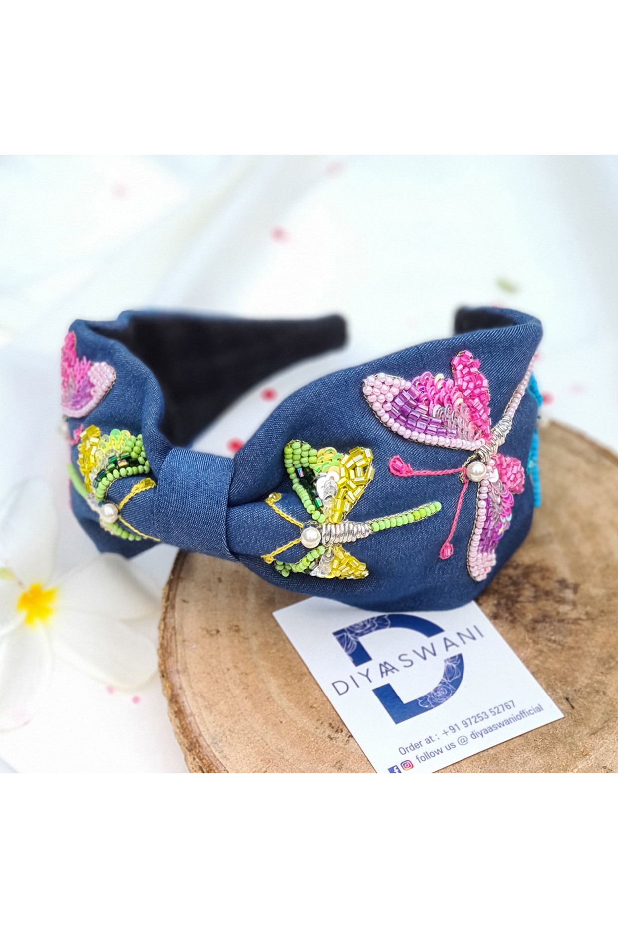 Blue Cotton Denim Cutdana Embellished Dragonfly Hairband by Diya Aswani at Pernia's Pop Up Shop