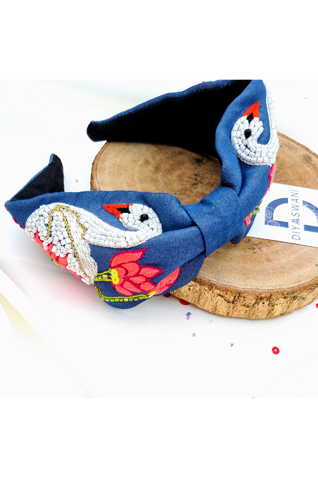 Blue Cotton Denim Cutdana Embellished Swan Hairband by Diya Aswani at Pernia's Pop Up Shop