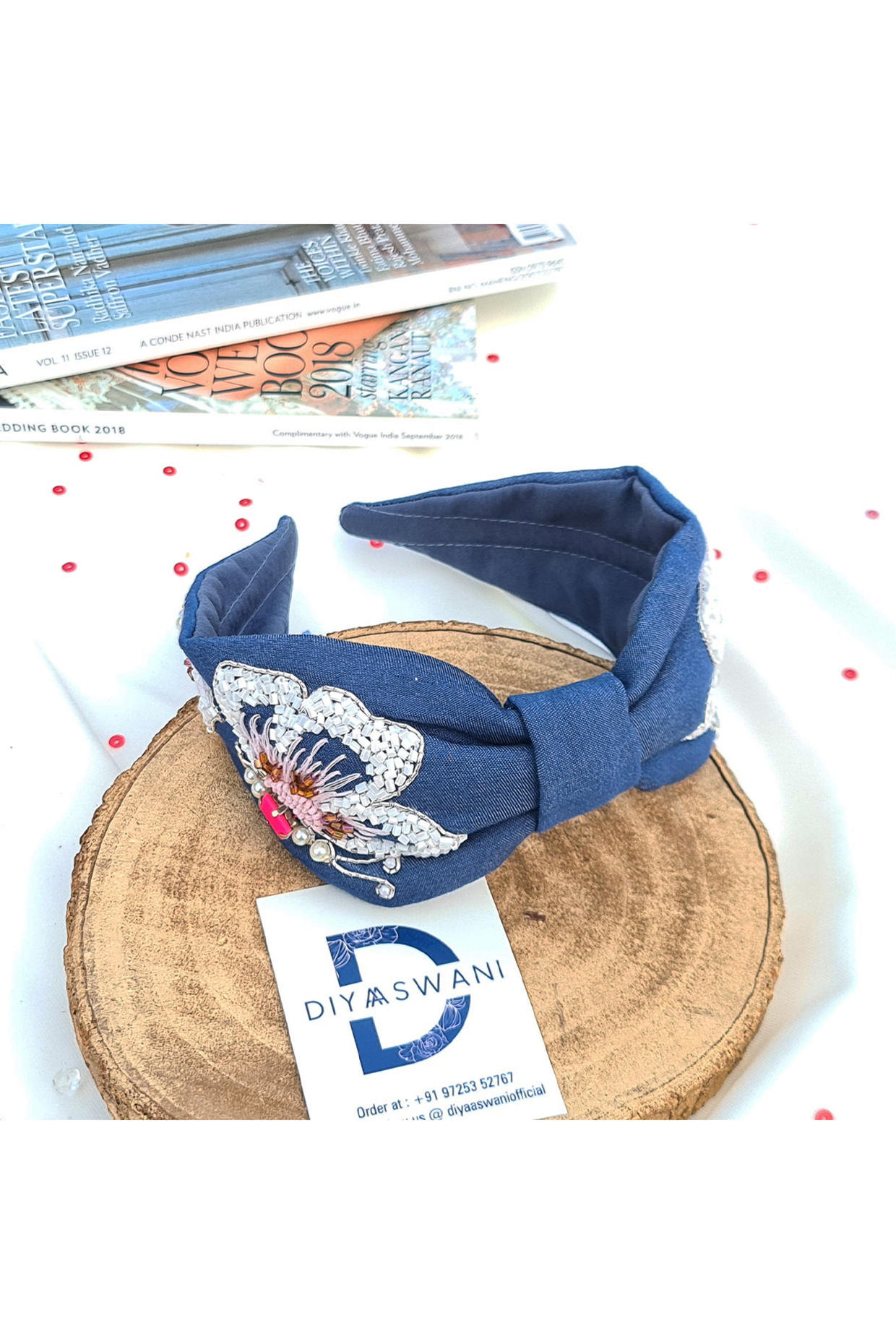 Blue Cotton Denim Cutdana Embellished Butterfly Wing Hairband by Diya Aswani at Pernia's Pop Up Shop