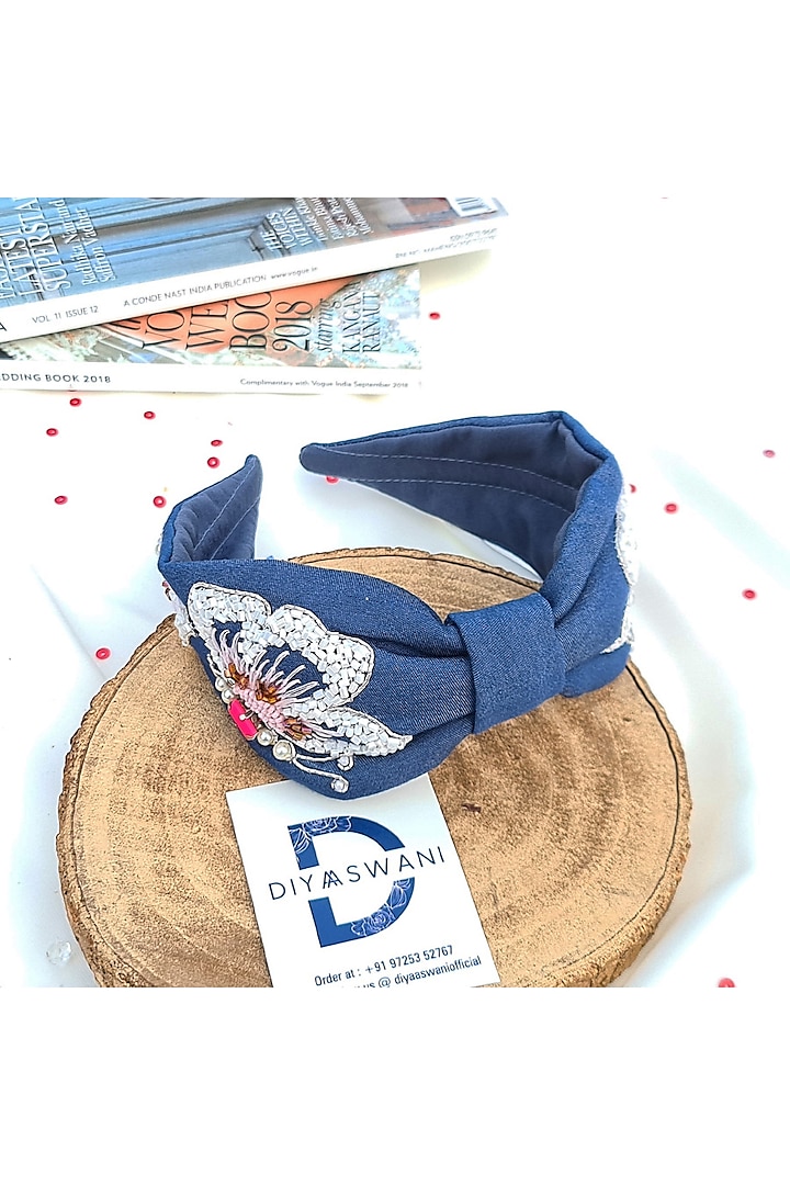 Blue Cotton Denim Cutdana Embellished Butterfly Wing Hairband by Diya Aswani at Pernia's Pop Up Shop