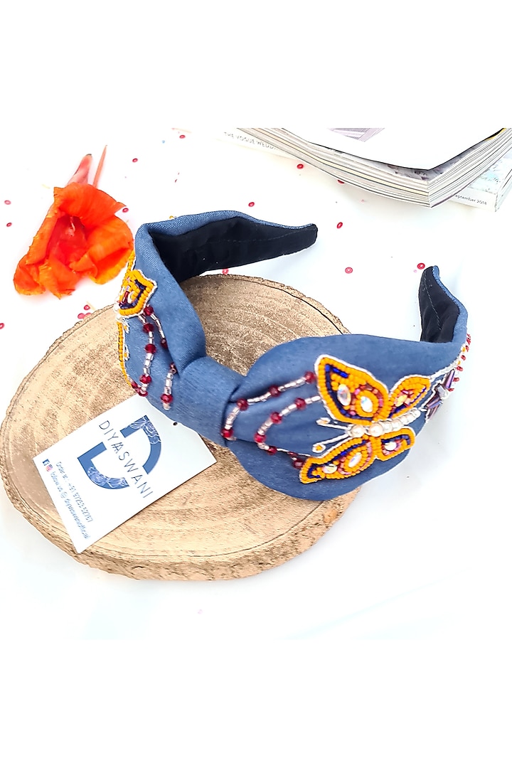 Blue Cotton Denim Cutdana Embellished Butterfly Hairband by Diya Aswani at Pernia's Pop Up Shop