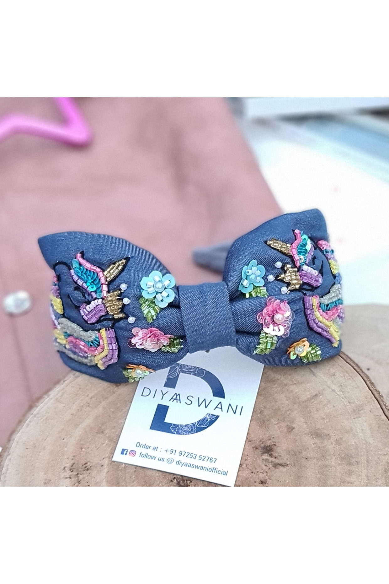 Blue Cotton Denim Cutdana Embellished Unicorn Hairband by Diya Aswani at Pernia's Pop Up Shop
