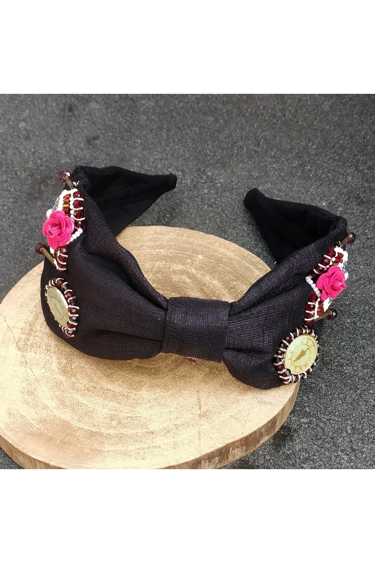 Black Korean Fabric Cutdana Embellished Hourglass Hairband by Diya Aswani at Pernia's Pop Up Shop