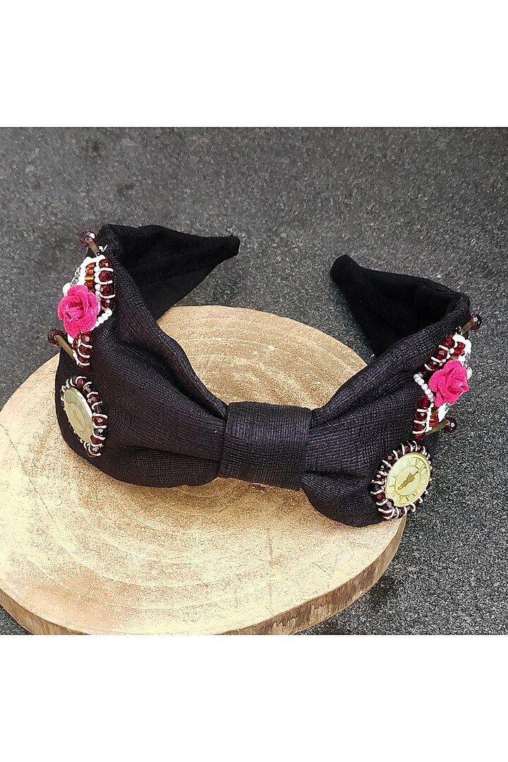 Black Korean Fabric Cutdana Embellished Hourglass Hairband by Diya Aswani at Pernia's Pop Up Shop