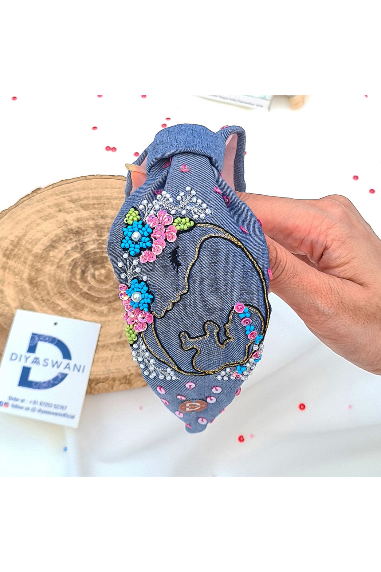 Blue Cotton Denim Cutdana Embellished Hairband by Diya Aswani at Pernia's Pop Up Shop