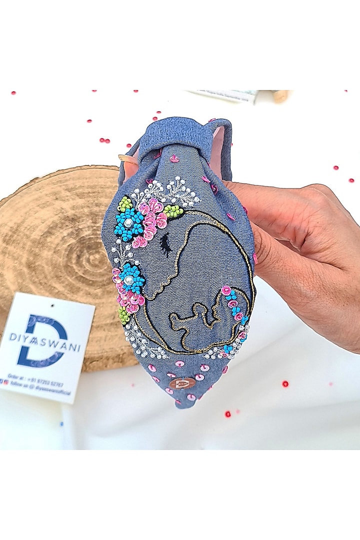 Blue Cotton Denim Cutdana Embellished Hairband by Diya Aswani at Pernia's Pop Up Shop