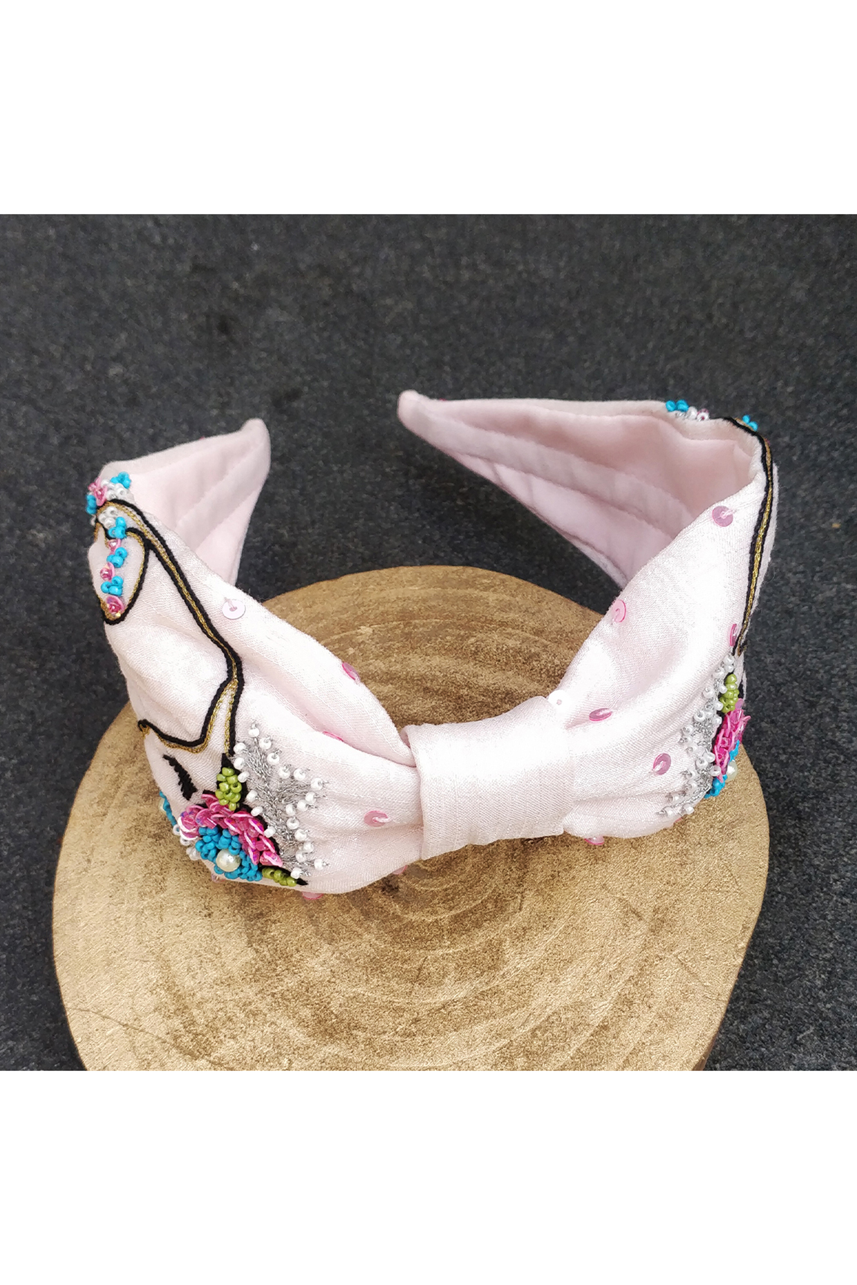 Light Pink Korean Fabric Cutdana Embellished Hairband by Diya Aswani at Pernia's Pop Up Shop