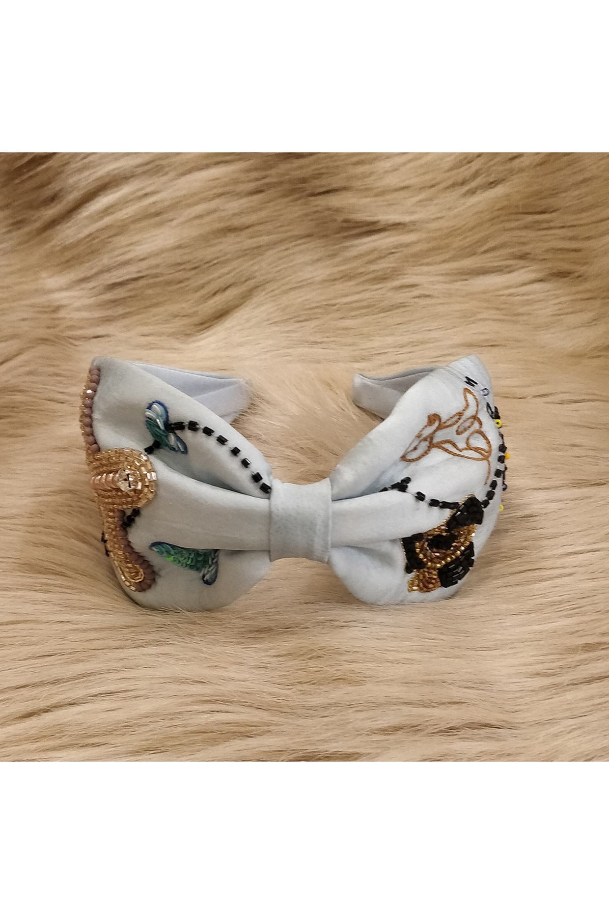 Ice Blue Korean Fabric Cutdana Embellished Hairband by Diya Aswani at Pernia's Pop Up Shop