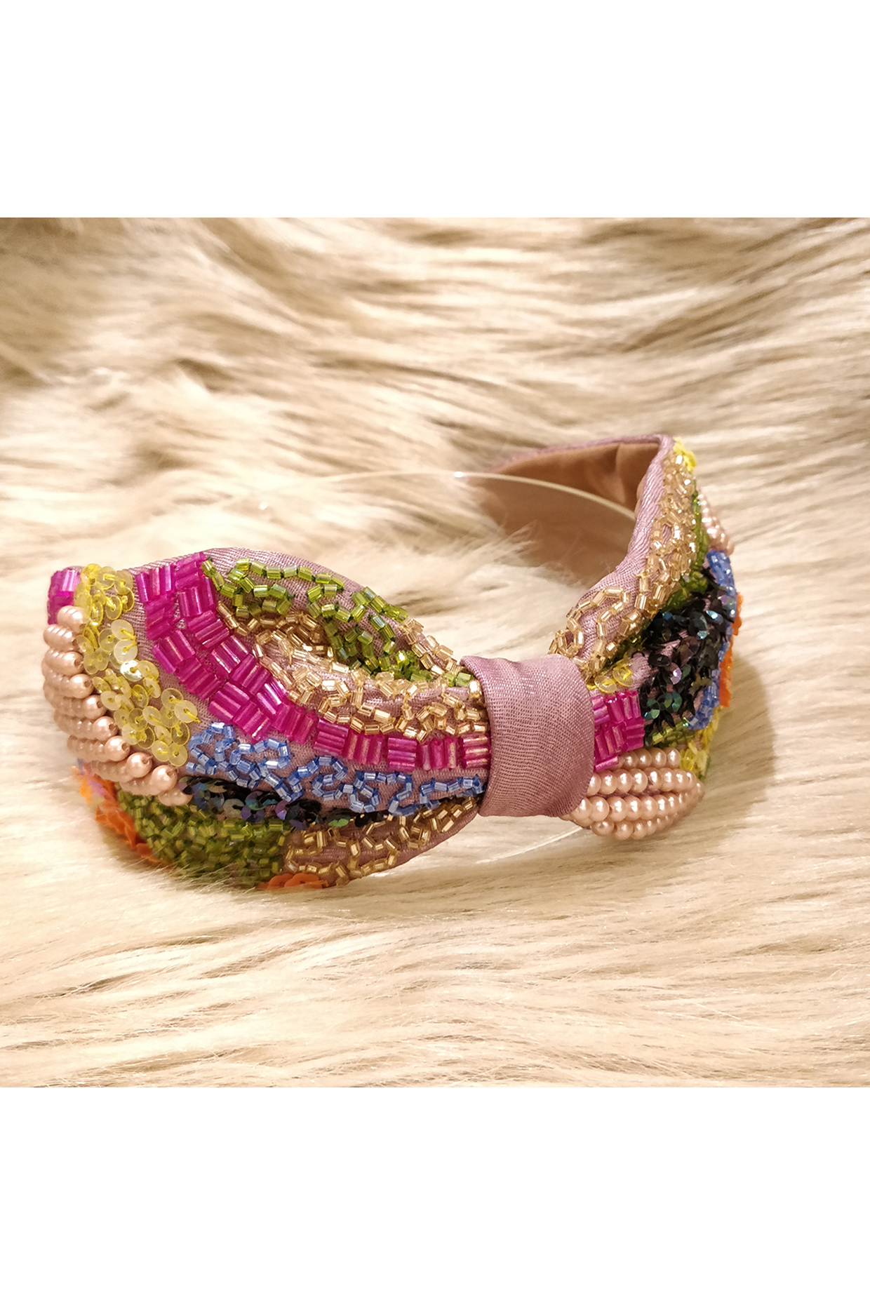 Onion Pink Korean Fabric Cutdana Embellished Hairband by Diya Aswani at Pernia's Pop Up Shop