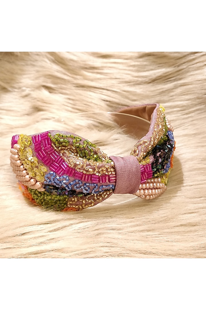 Onion Pink Korean Fabric Cutdana Embellished Hairband by Diya Aswani at Pernia's Pop Up Shop