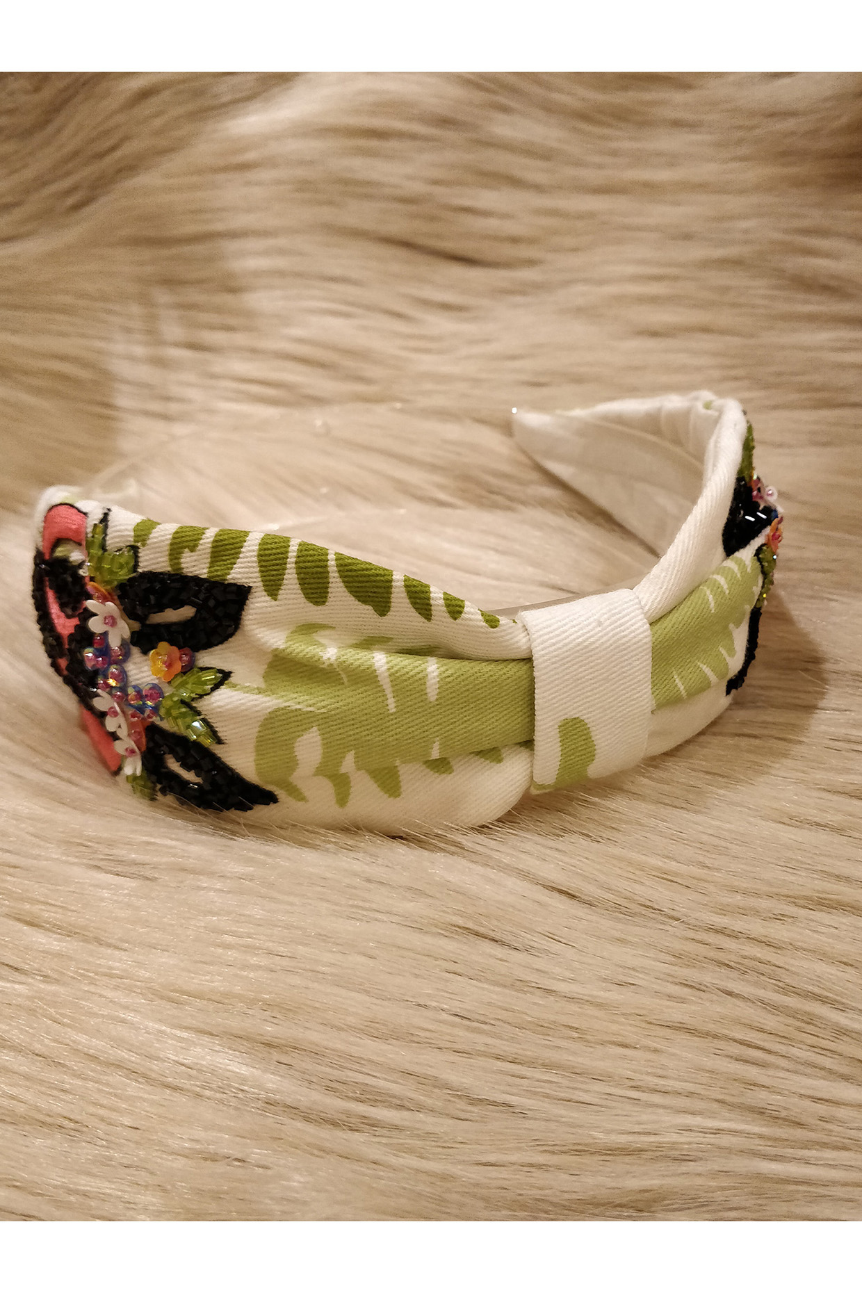 White Korean Fabric Printed & 3D Zebra Embroidered Hairband by Diya Aswani at Pernia's Pop Up Shop
