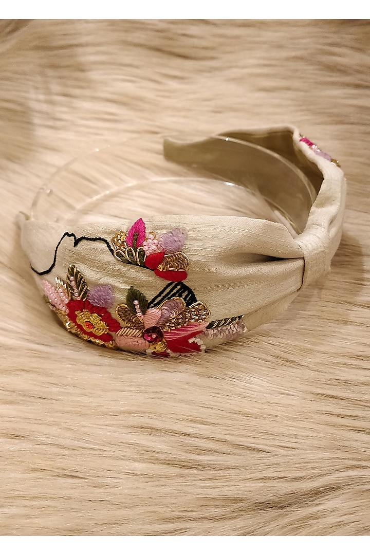 Light Beige Korean Fabric Cutdana Embellished Hairband by Diya Aswani at Pernia's Pop Up Shop