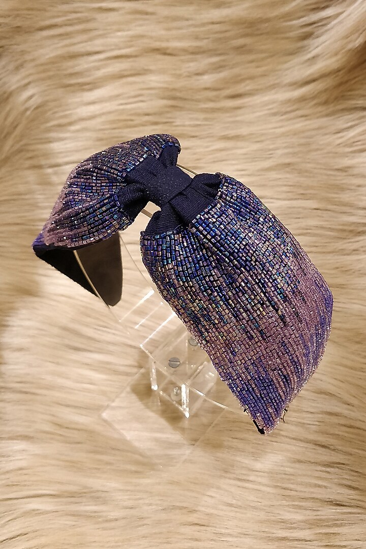 Blue Korean Fabric Cutdana Embellished Twilight Hairband by Diya Aswani at Pernia's Pop Up Shop