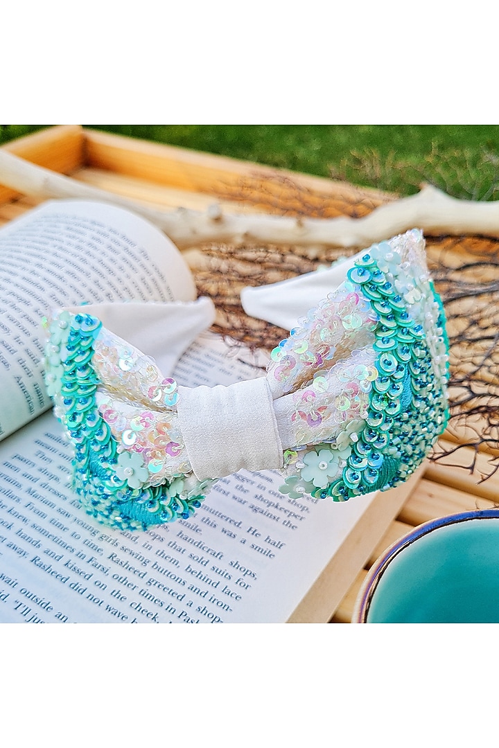 White Italian Crepe Embroidered Hairband by Diya Aswani at Pernia's Pop Up Shop