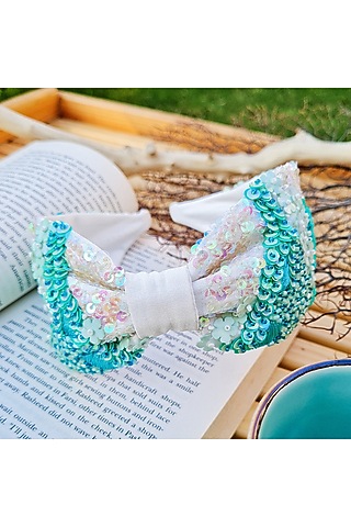 White Italian Crepe Embroidered Hairband by Diya Aswani