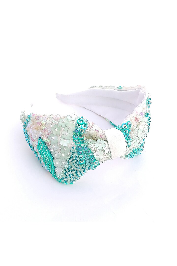 White Italian Crepe Embroidered Hairband by Diya Aswani at Pernia's Pop Up Shop