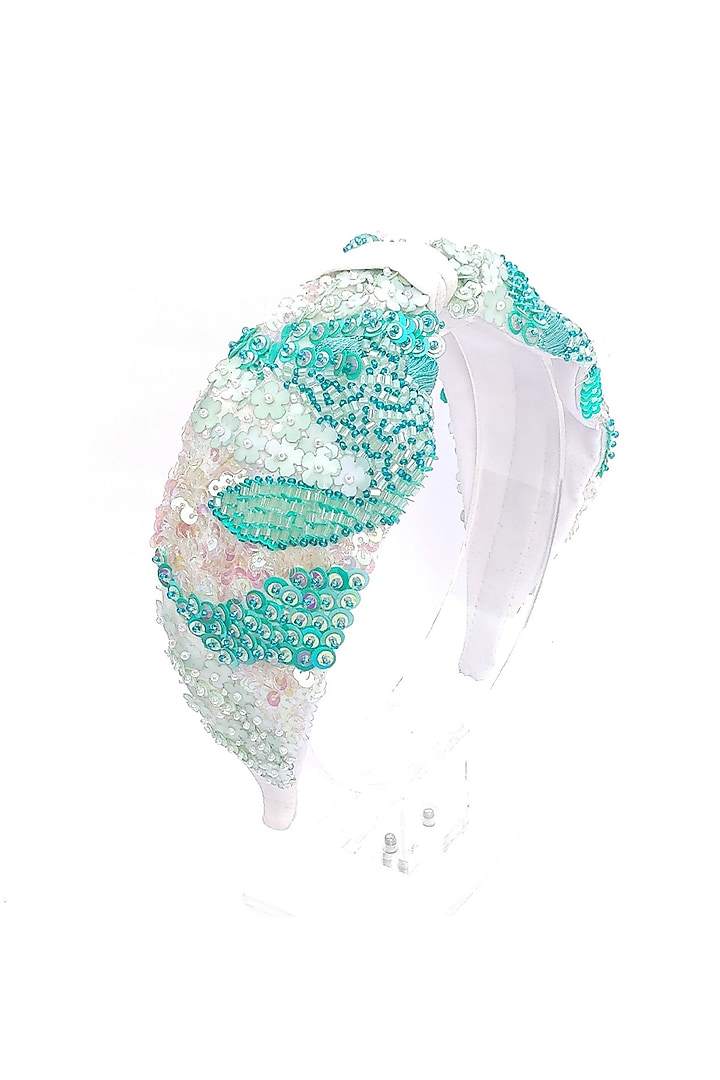 White Italian Crepe Embroidered Hairband by Diya Aswani at Pernia's Pop Up Shop