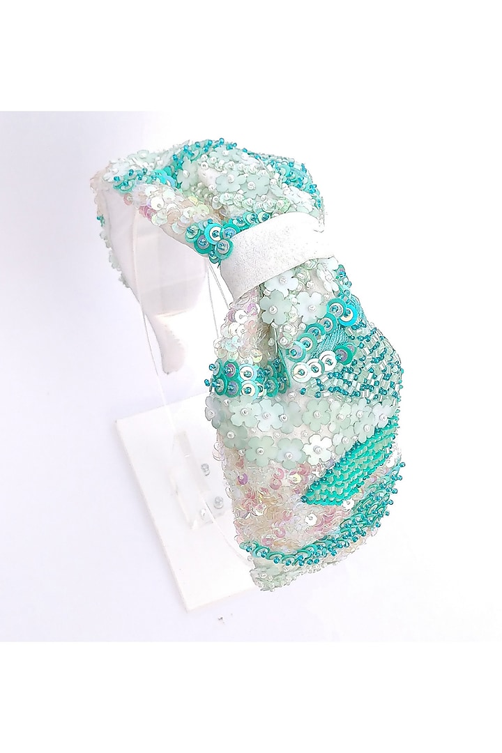 White Italian Crepe Embroidered Hairband by Diya Aswani at Pernia's Pop Up Shop